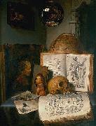 simon luttichuys Vanitas still life with skull, books, prints and paintings by Rembrandt and Jan Lievens, with a reflection of the painter at work oil painting on canvas
